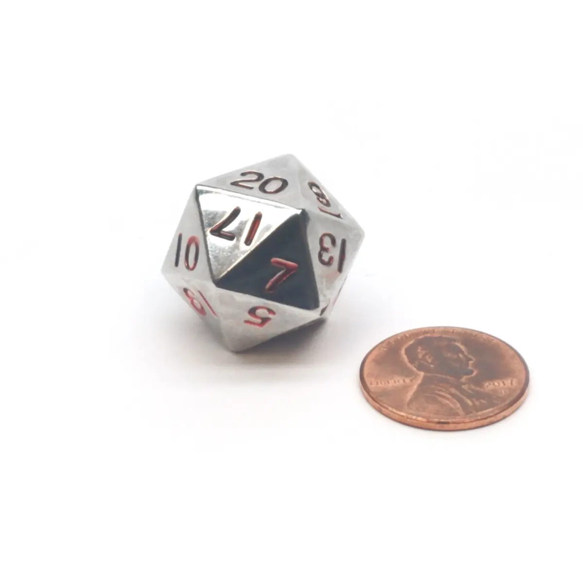 20mm Zinc Metal Alloy 20 Sided D20 Dice - Silver with Red Numbers