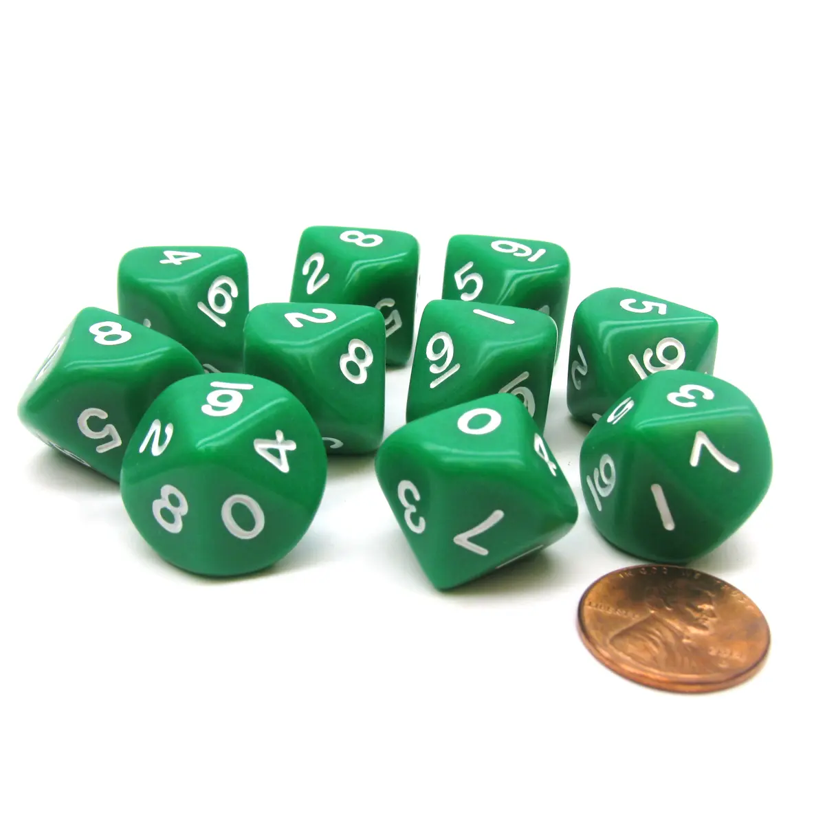 Set of 10 D10 10-Sided 16mm Opaque Dice - Green with White Numbers