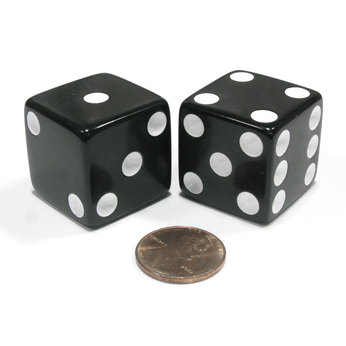 Set of 2 D6 25mm Large Opaque Jumbo Dice - Black with White Pips