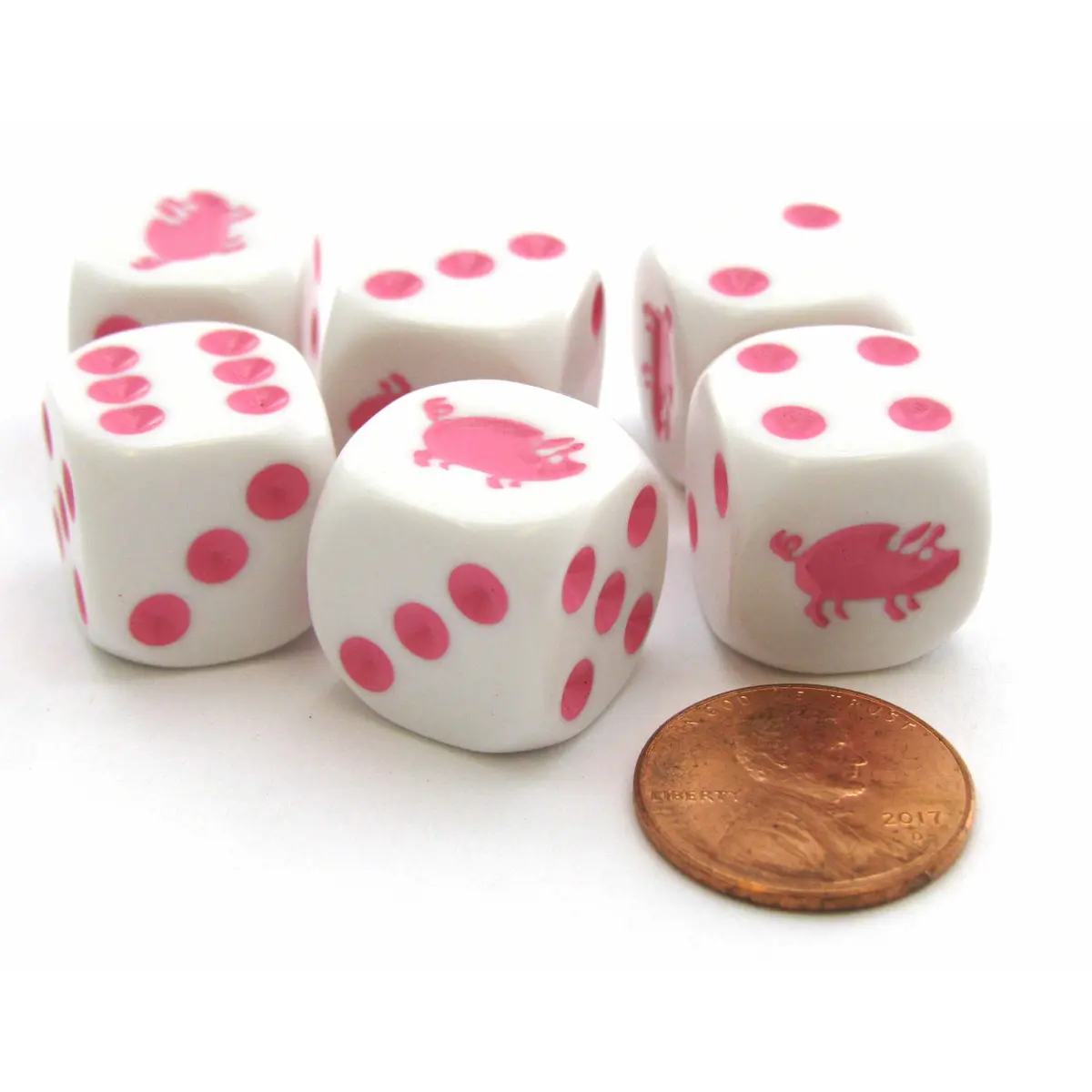 Set of 6 Pig 16mm D6 Round Edged Animal Dice - White with Pink Pips