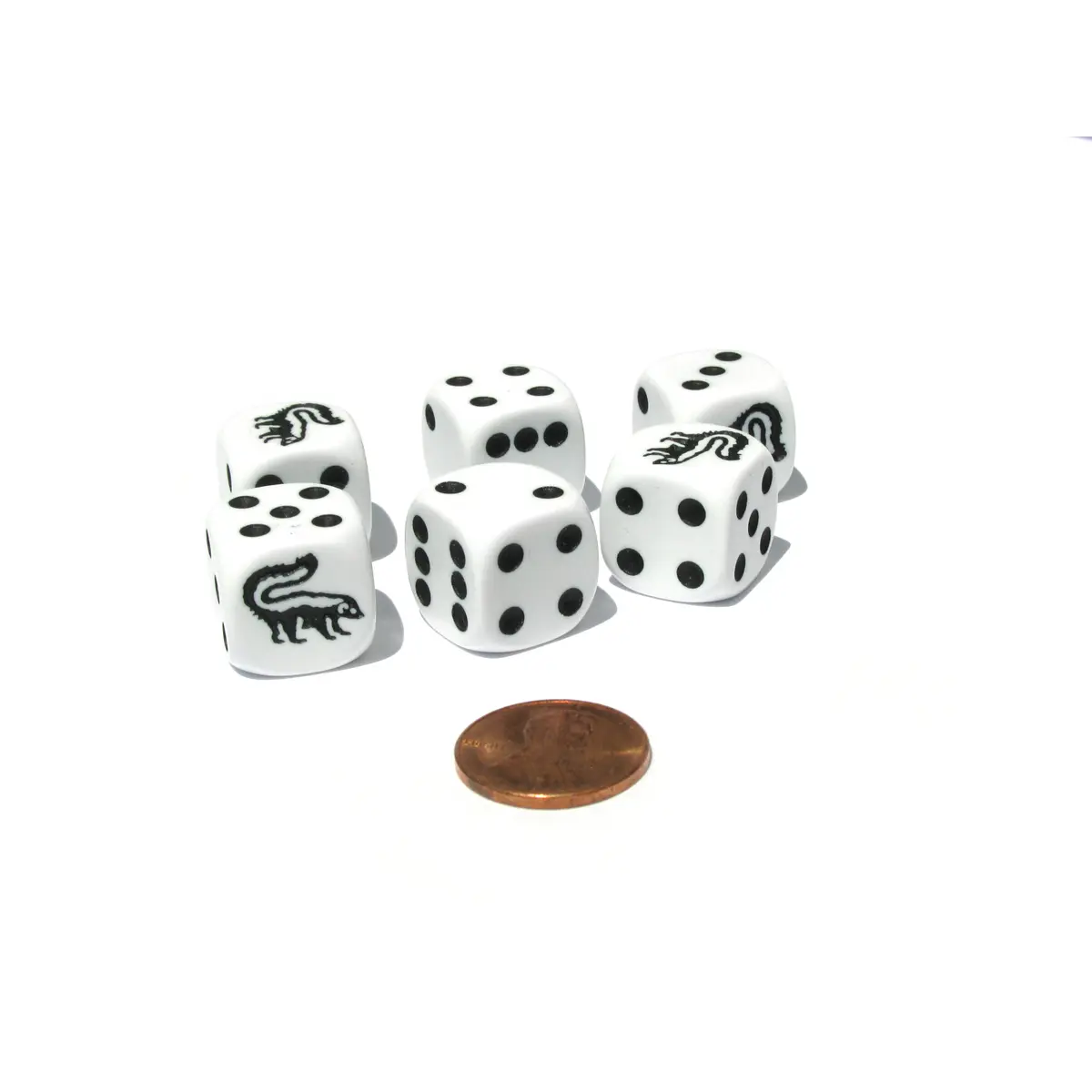 Set of 6 Skunk 16mm D6 Round Edged Animal Dice - White with Black Pips