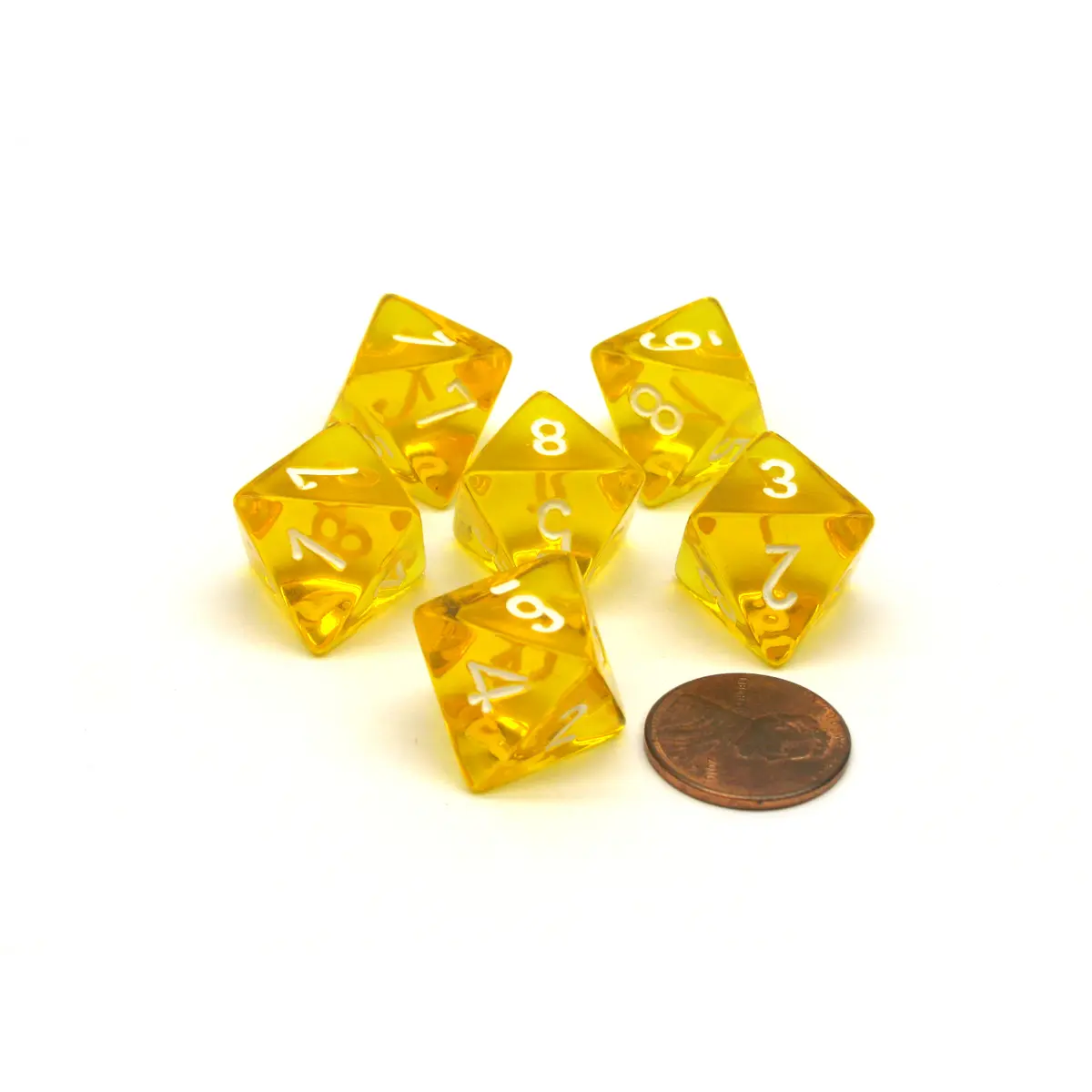 Translucent 15mm 8 Sided D8 Chessex Dice, 6 Pieces - Yellow with White Numbers